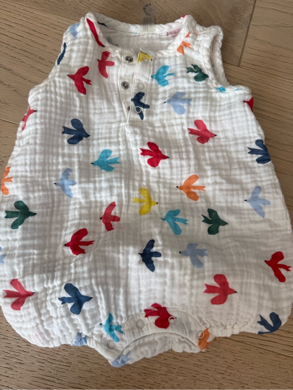 Primary White Muslin Romper with Multicolor Bird Prints
